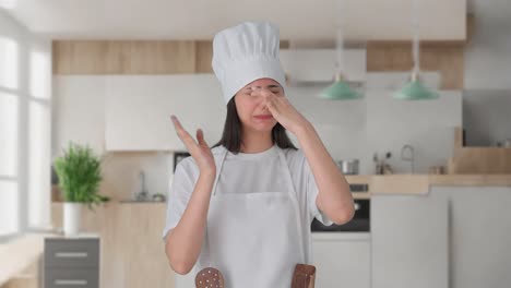 upset indian female professional chef disturbed by bad smell