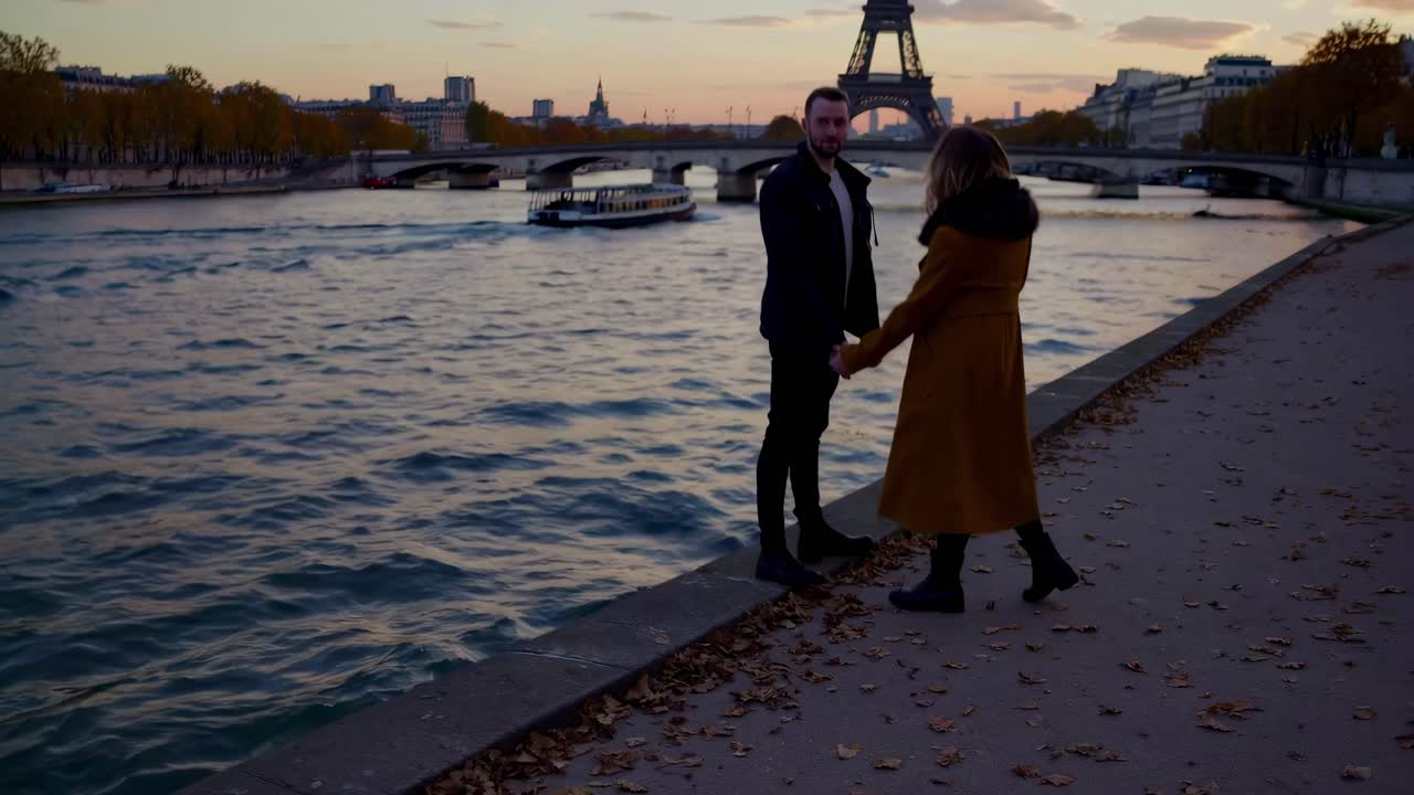Romantic video scene with a couple holding hands by the Seine River at sunset
