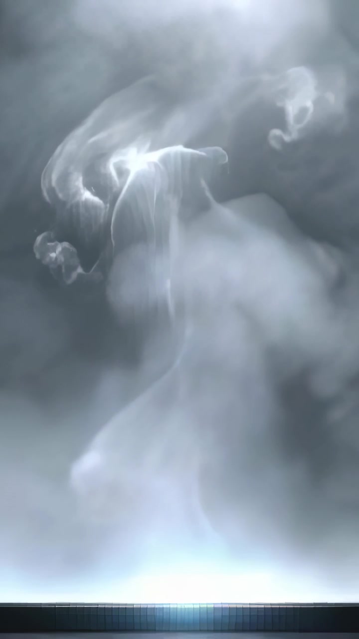 Vertical video: Rising white vapor column curling from lit edge on stage, showing soft moving forms