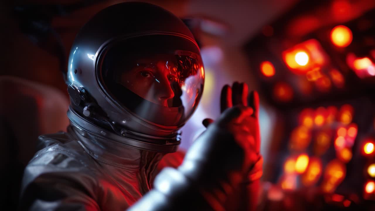 Un astronauta concentrato in una cabina di pilotaggio futuristica, circondato da comandi e luci luminose, che si prepara per una missione oltre la Terra in un'audace avventura spaziale.