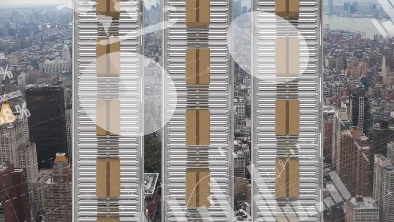 도시 풍경에 대한 컨베이어 벨트에 대한 배달 상자에 대한 통계 데이터 처리