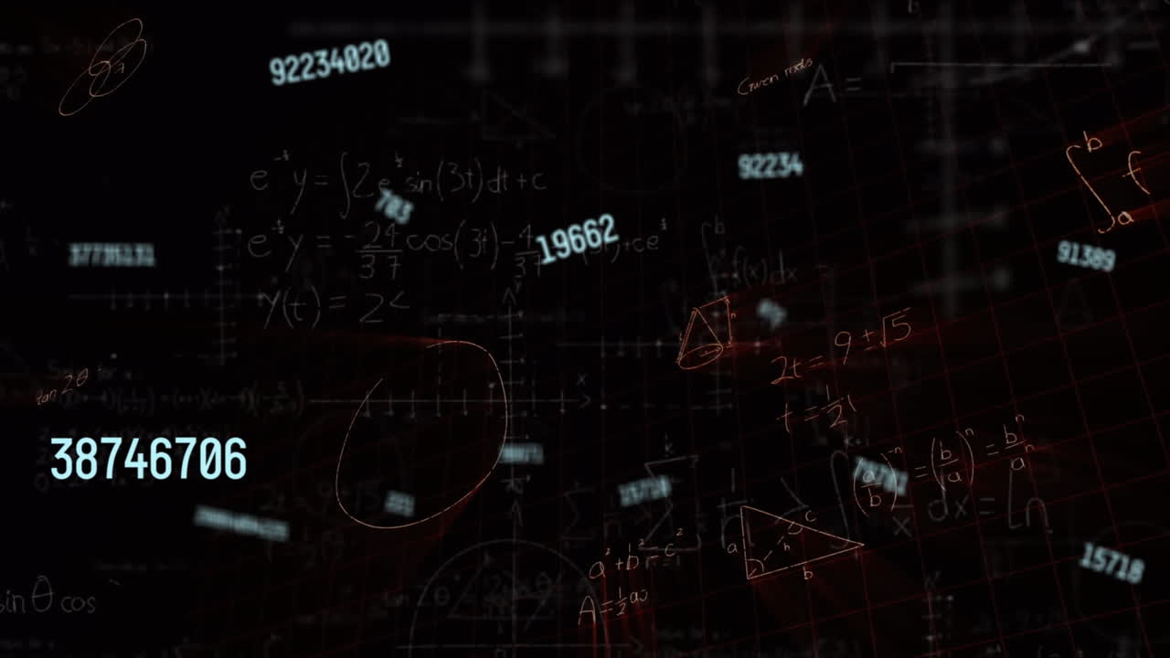 Animation of moving mathematical formulas on dark background