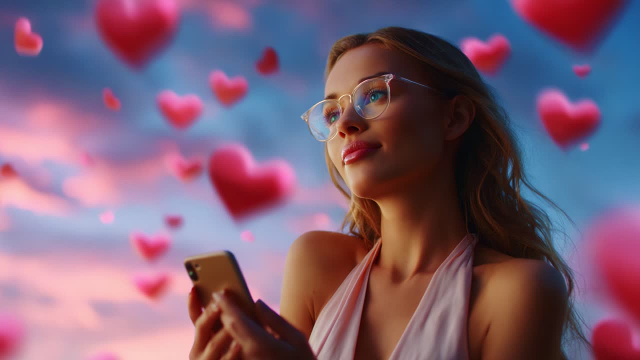 A young woman gazes lovingly at her smartphone while surrounded by floating hearts against a stunning sunset backdrop, capturing the essence of romance and connection in a dreamy atmosphere