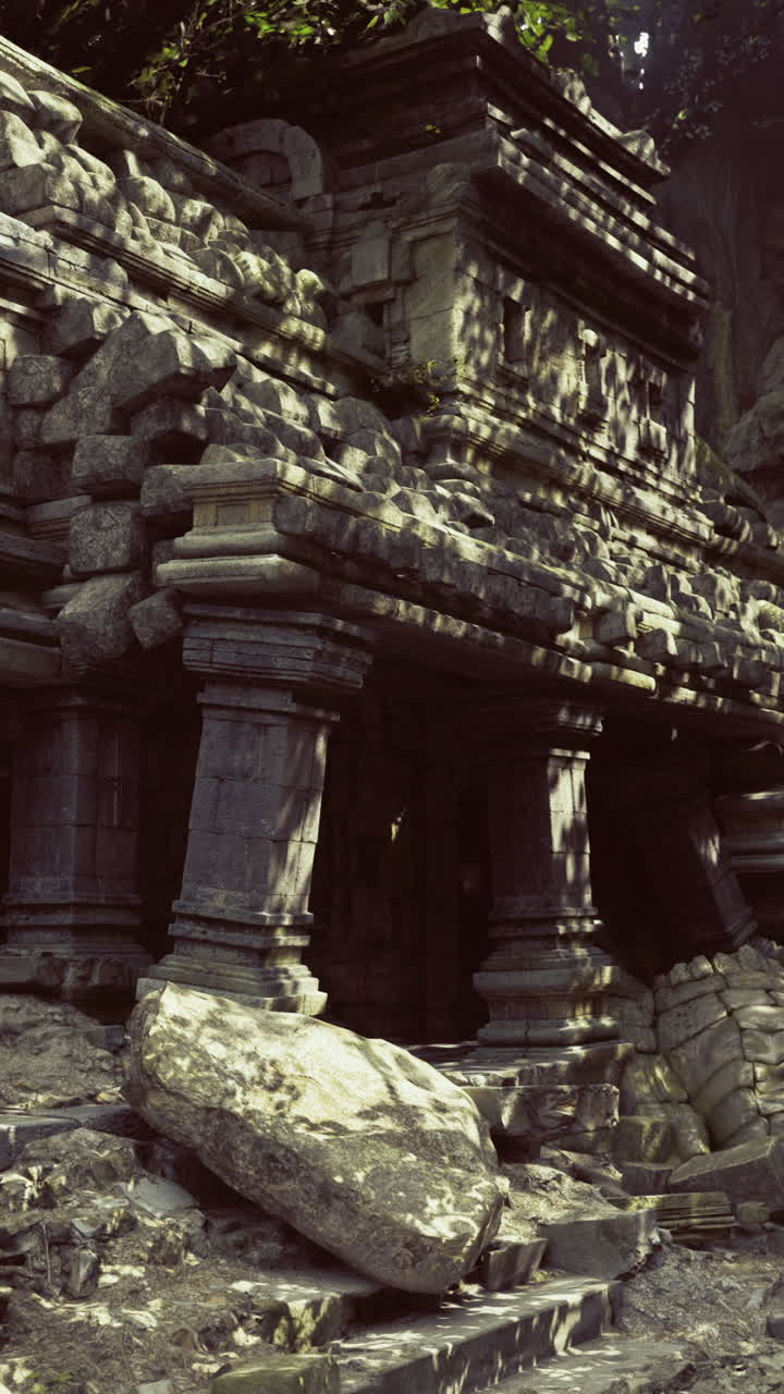 Ancient ruins surrounded by lush vegetation and shafts of light in jungle