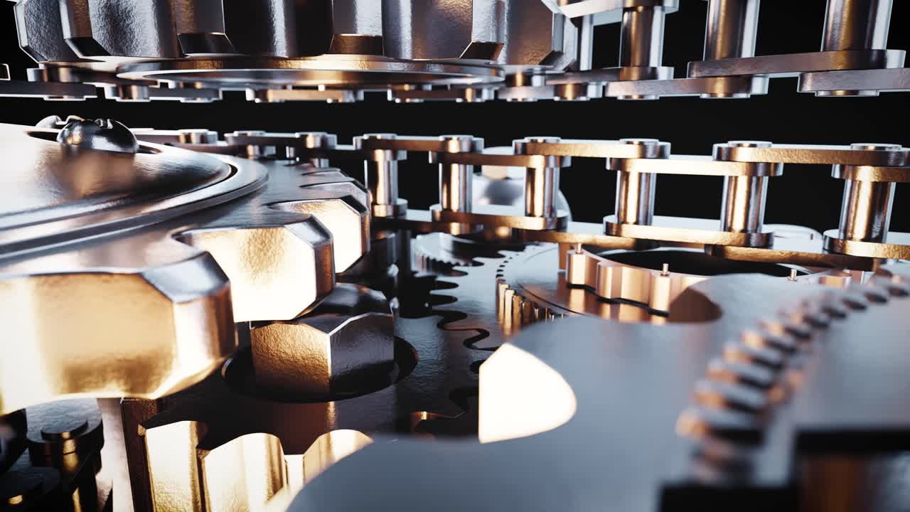 Close-up of Rotating Metallic Gears and Chain Mechanism