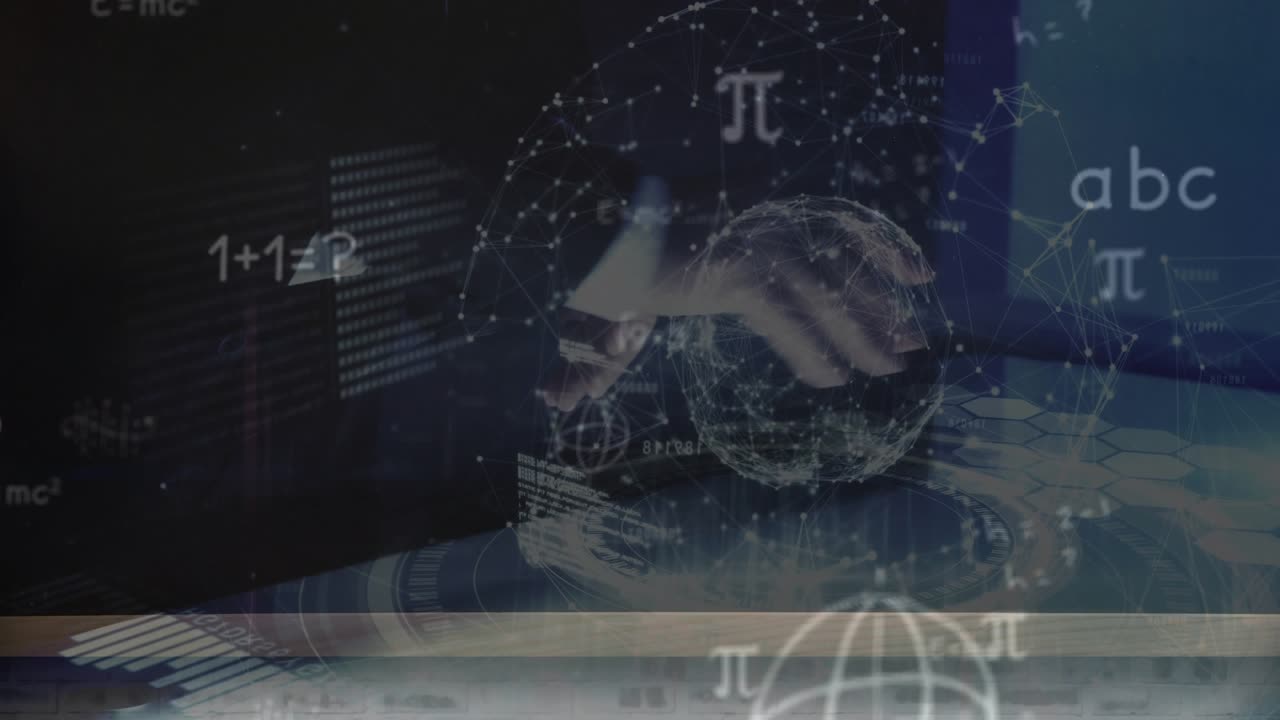 Animation of hands of caucasian businessman using technology with globe, database and math equations