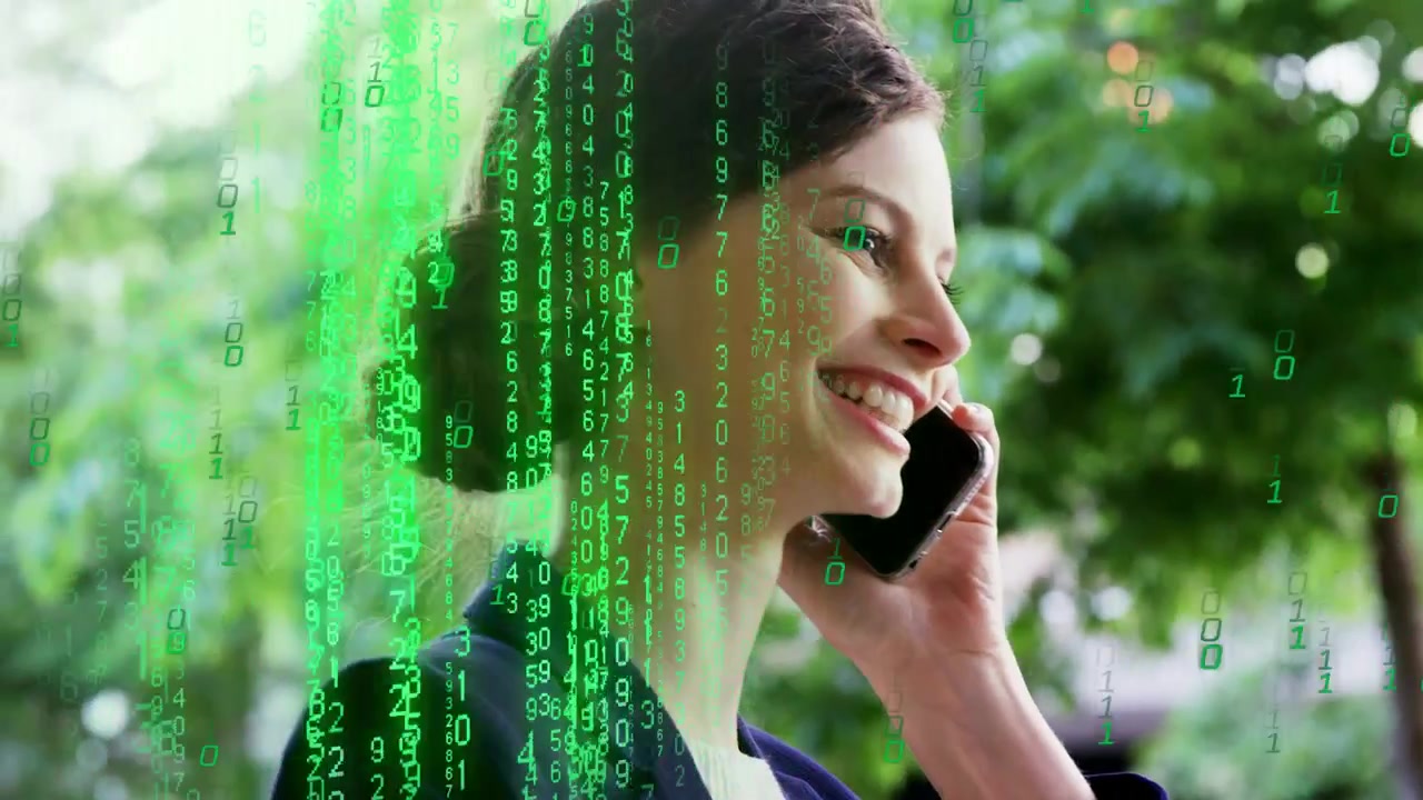 Woman holding phone under trees on business call causing green code overlay rising then fading