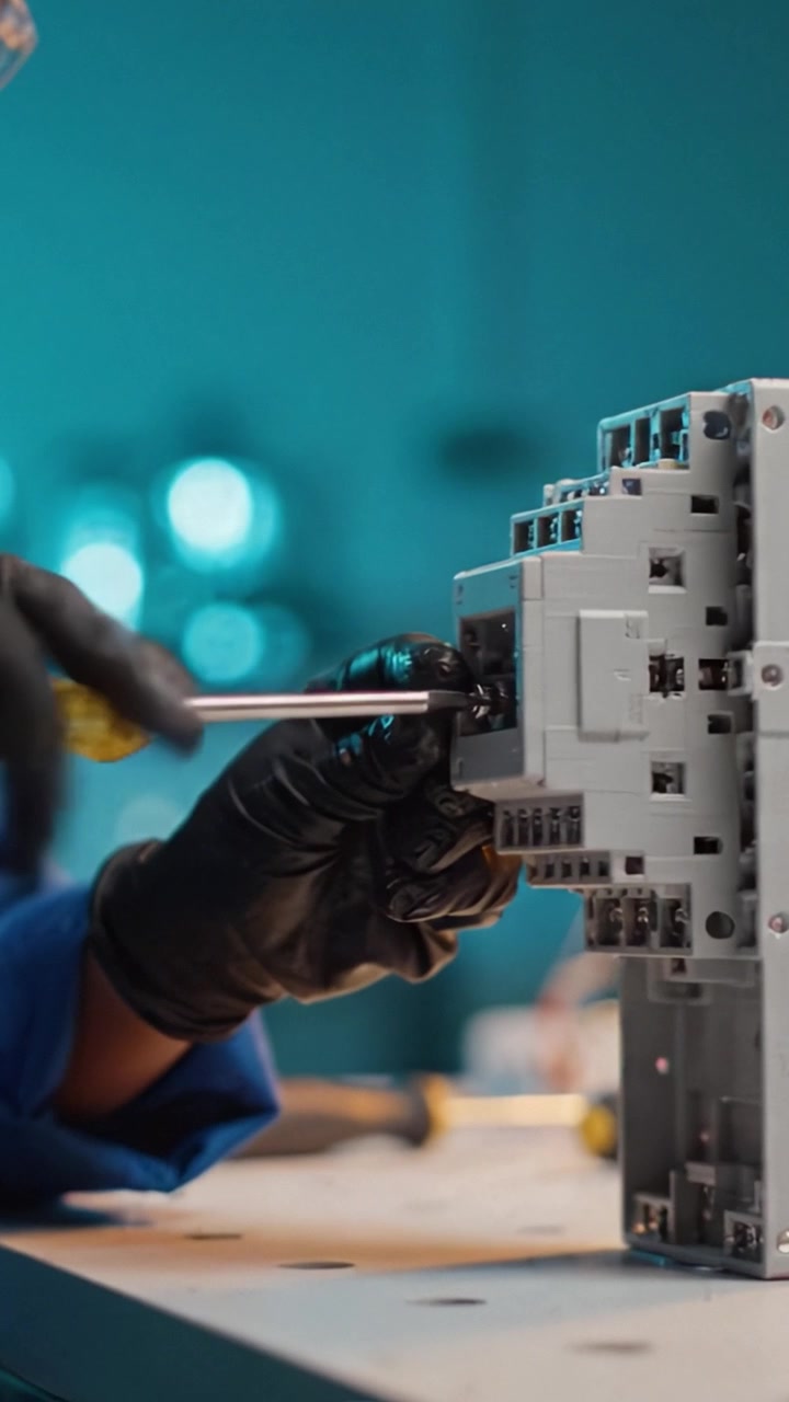 Gedetailleerde Close-Up van een Technicus die Elektrische Apparatuur Assembleert op een Werkbank met Gereedschap en Componenten, Waarbij Precisie en Focus in een Werkplaatsomgeving worden Getoond