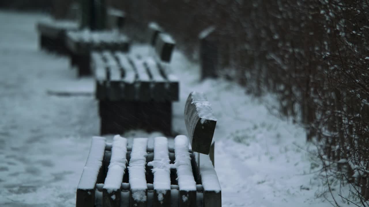 황량한 공원에서 연상시키는 빈 눈 덮인 벤치. 패닝