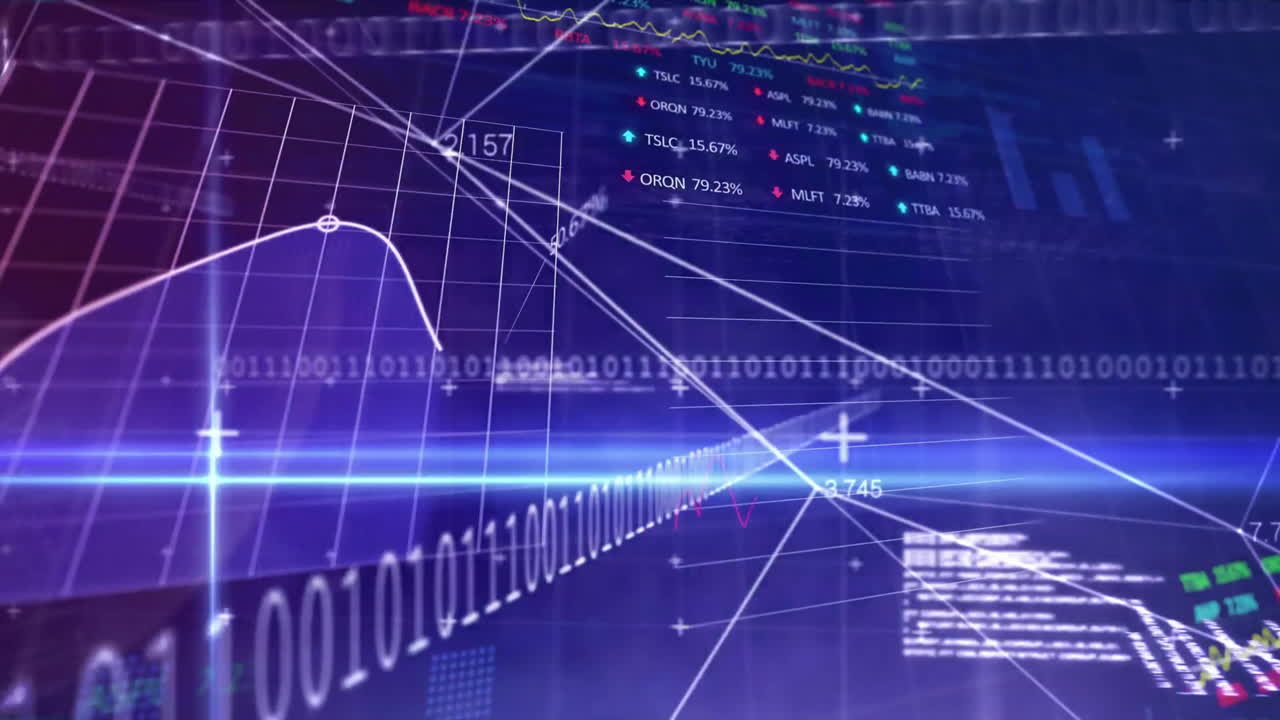 Animation of financial data processing over grid on dark background