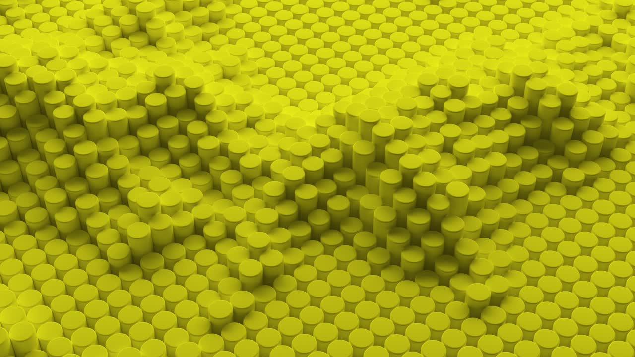 абстрактный желтый фон с цилиндрами. керамические круглые плитки. геометрический рисунок. случайные ячейки. многоугольная глянцевая поверхность. футуристическая абстракция. бесшовная петля 3d-анимация 4k