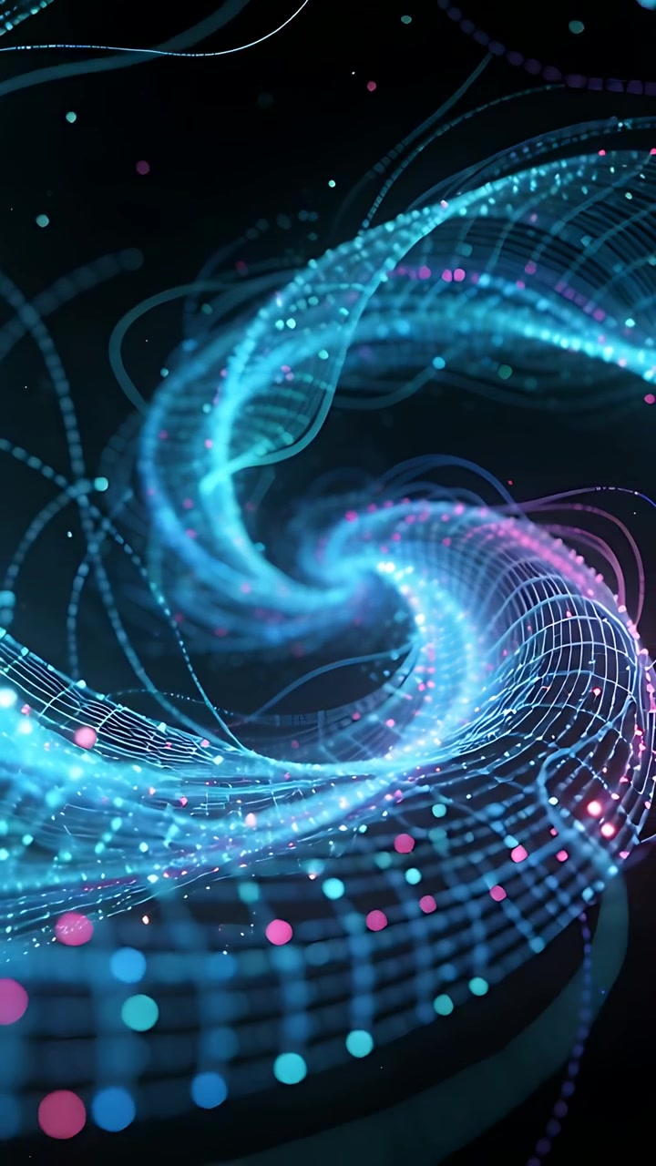 Vertical video: Looping light vortex spinning, waving in void to show coded motion, with mesh dots