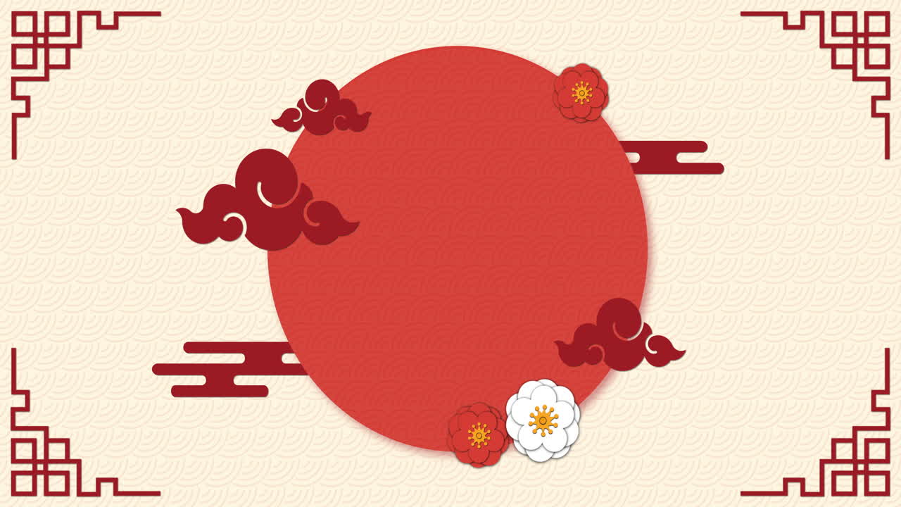 베이지색 배경에 있는 원 위의 꽃과 모양의 애니메이션