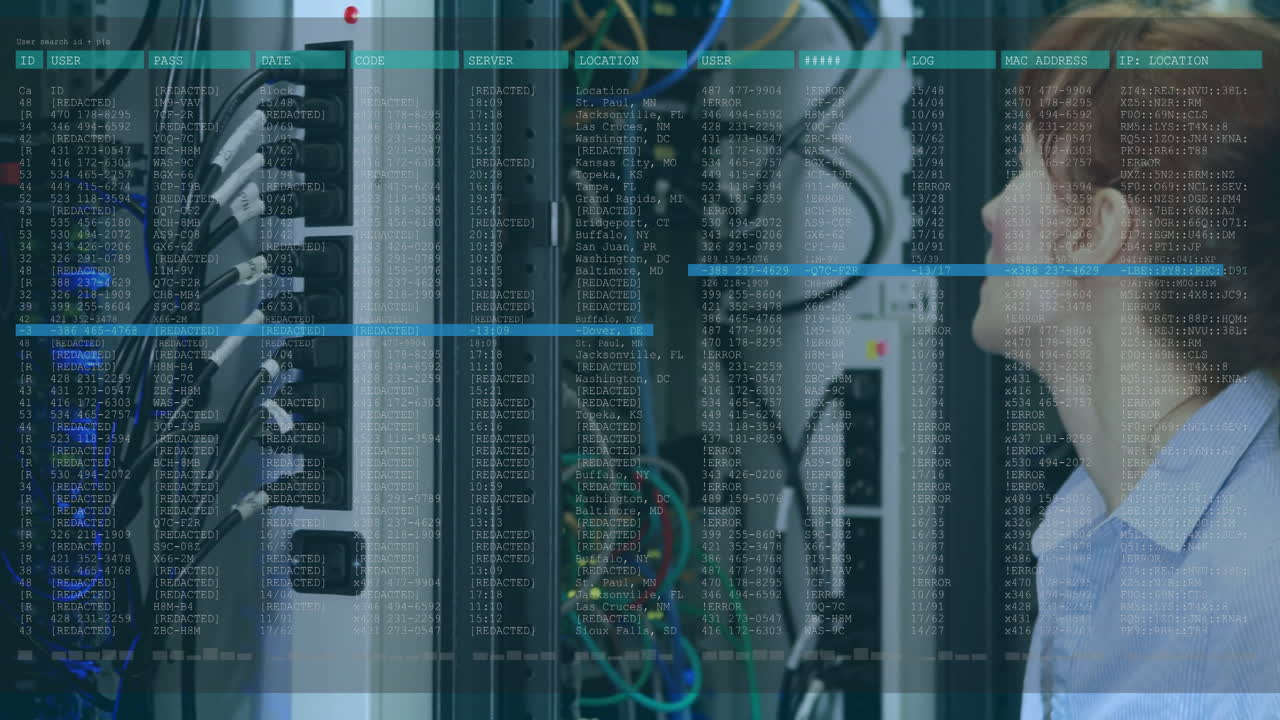 racks de servidores con cables, superposición de animación de procesamiento de datos en el entorno tecnológico