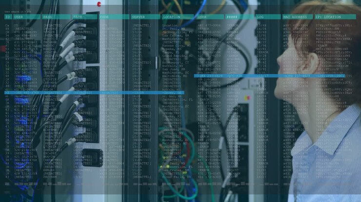 Server racks with cables, data processing animation overlaying in tech environment