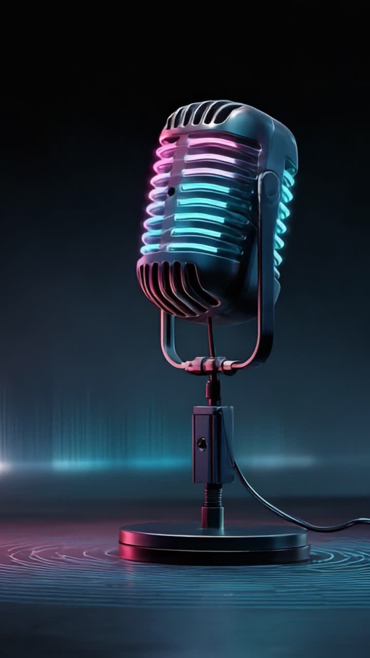 Un elegante microfono retrò con accenti al neon che cattura l'essenza delle vibrazioni sonore in un ambiente artistico e professionale.