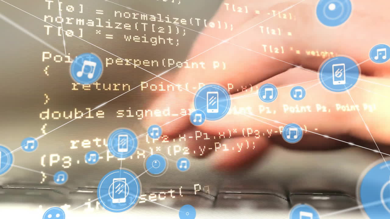 데이터의 애니메이션과 아이콘과 연결망의 네트워크에 대한 카우카스 여성 사업가 사무실