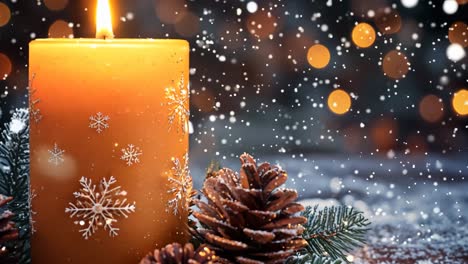 a candle is lit on a table with pine cones and other decorations. scene is warm and cozy, perfect for the holiday season