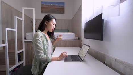 asian writer with laptop and coffee at home