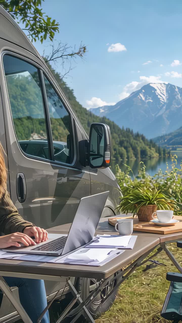 Vertical video: Opening laptop woman in coat typing docs working lakeside by camper van, copy space