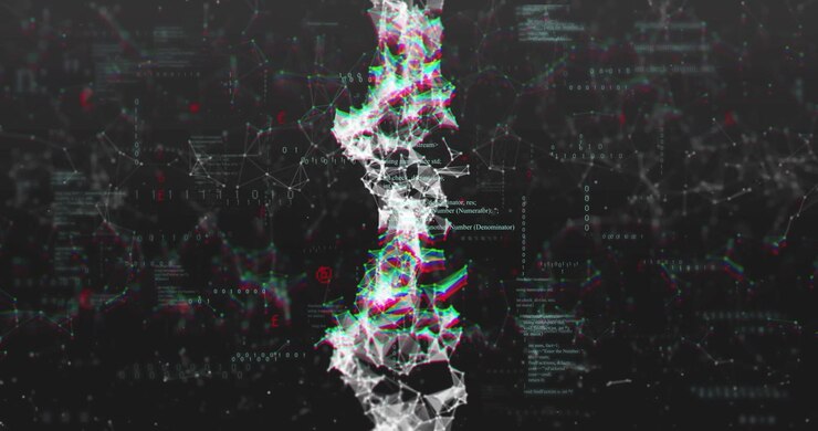 Effetto glitch RGB che avvia una colonna di rete pulsante e ondeggiante, mentre il codice scorre mostrando la stabilizzazione del flusso