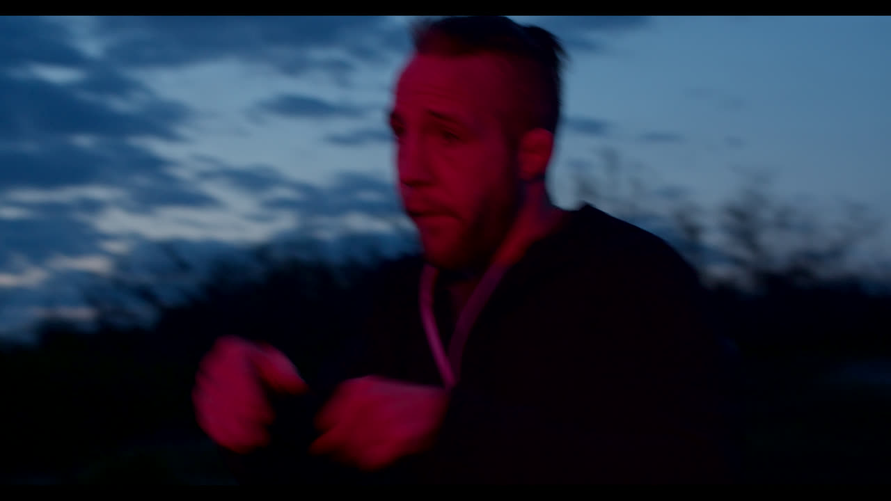 Man practicing martial arts at twilight