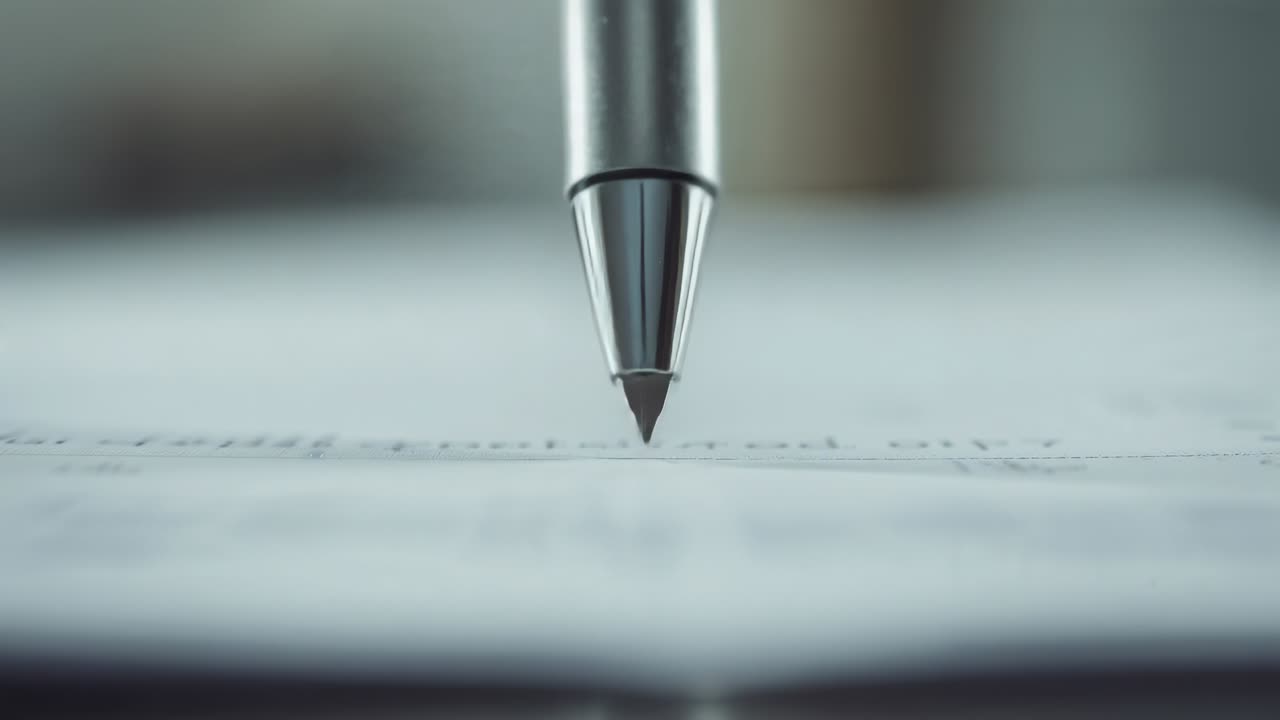 Punta di penna metallica che scende, attivata dal movimento verso il basso, depositando inchiostro su carta a righe sulla scrivania.