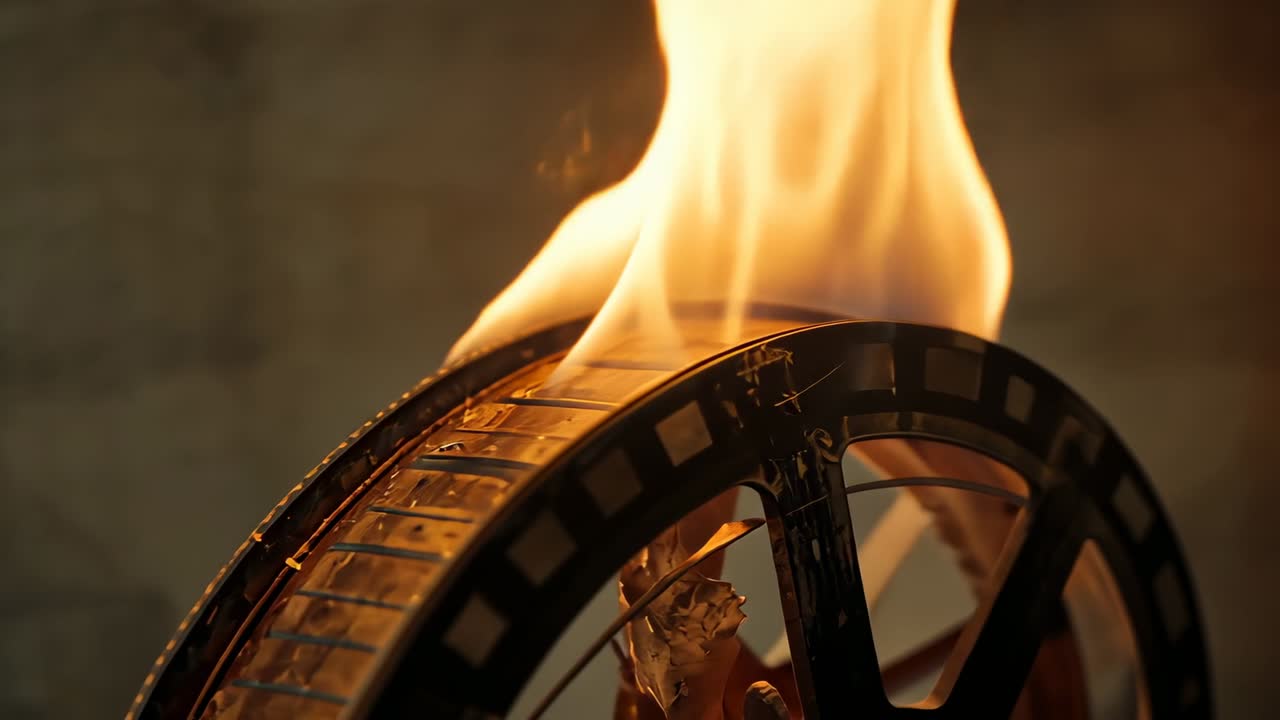 Flickering flame burning film reel, curling perforated strip in dimly lit room, with glowing spokes