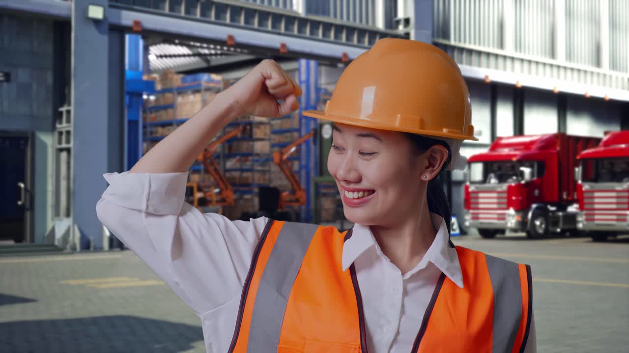 Close Up Of Asian Female Engineer With Safety Helmet Flexing Her Bicep And Smiling To Camera, Outside of Logistics Distributions Warehouse