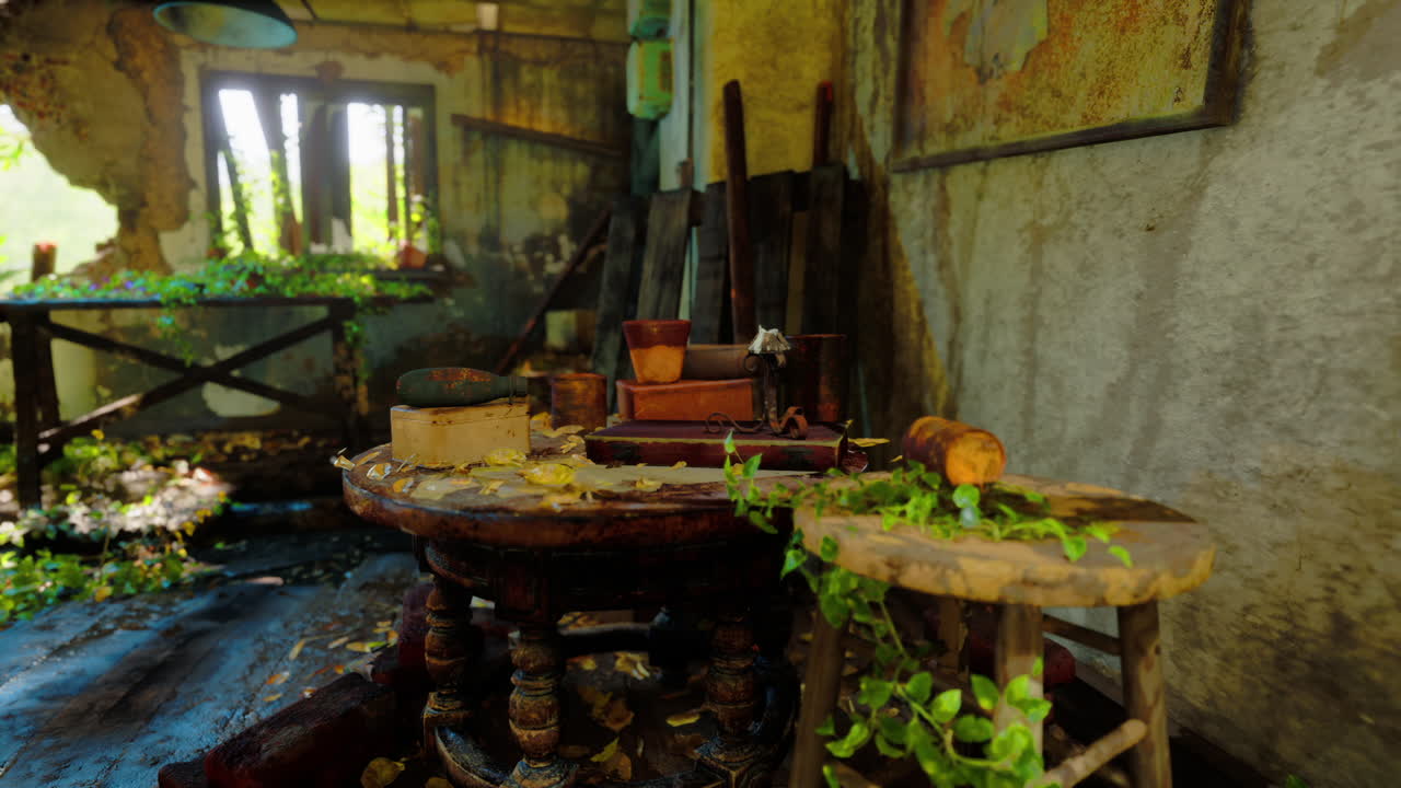 An abandoned room filled with greenery and forgotten objects in daylight