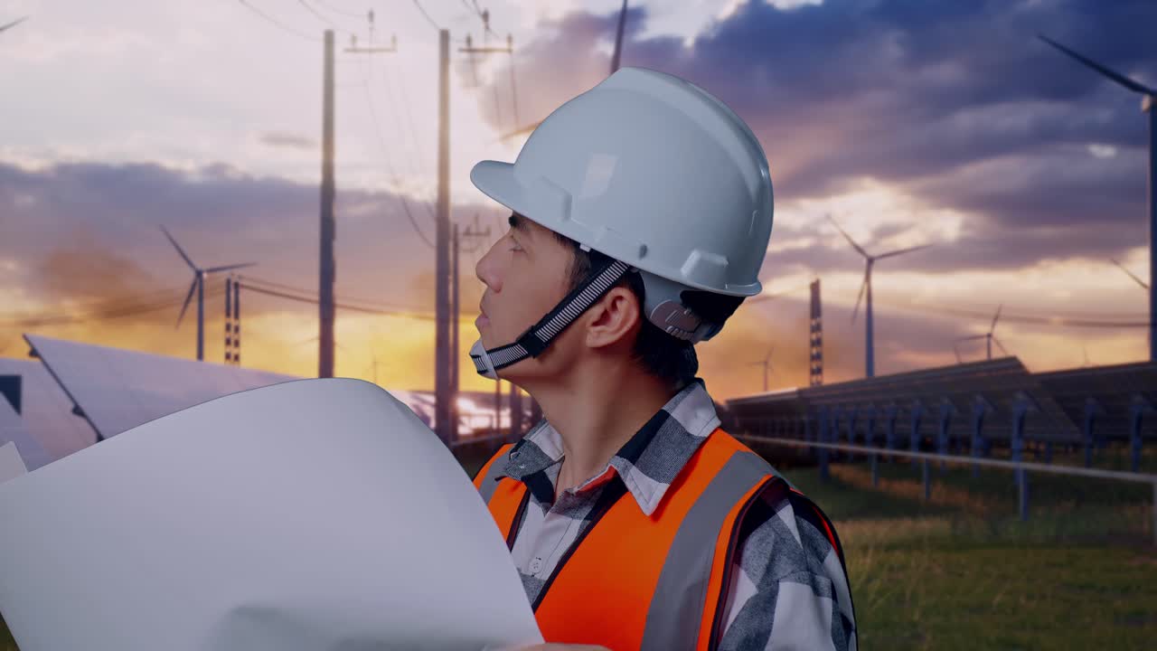 Close Up Side View Of Asian Male Engineer With Safety Helmet Looking At Blueprint In His Hands And Looking Around While Standing With Solar Panel and Wind Turbines