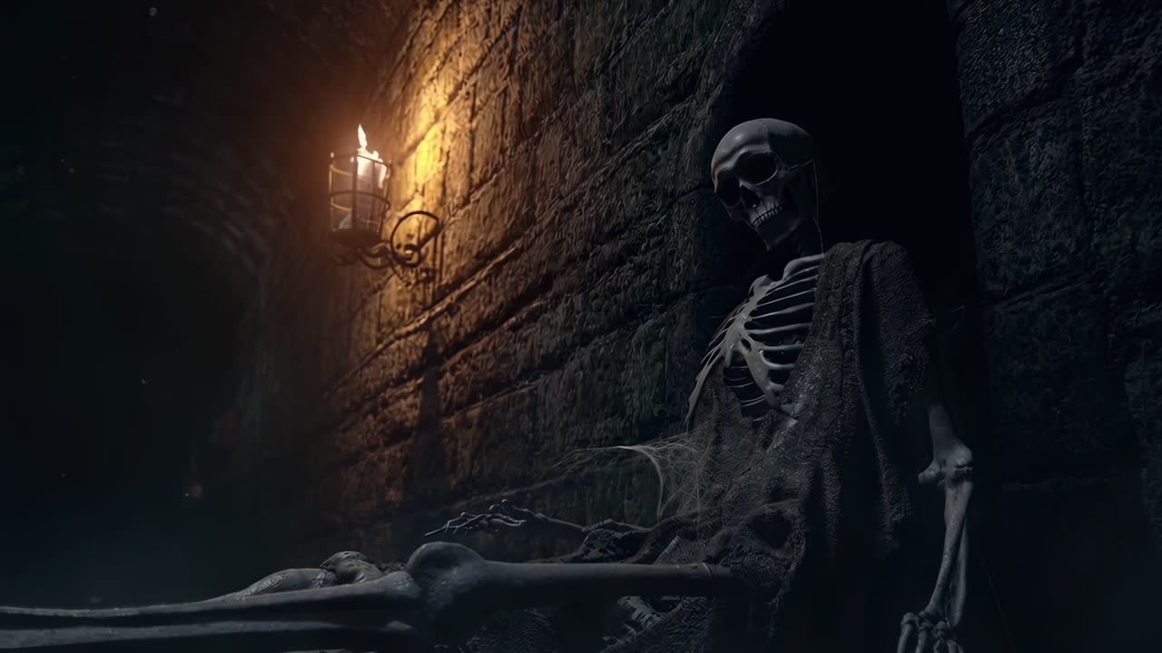 Scena video inquietante di uno scheletro in una prigione scarsamente illuminata, ripresa dal basso