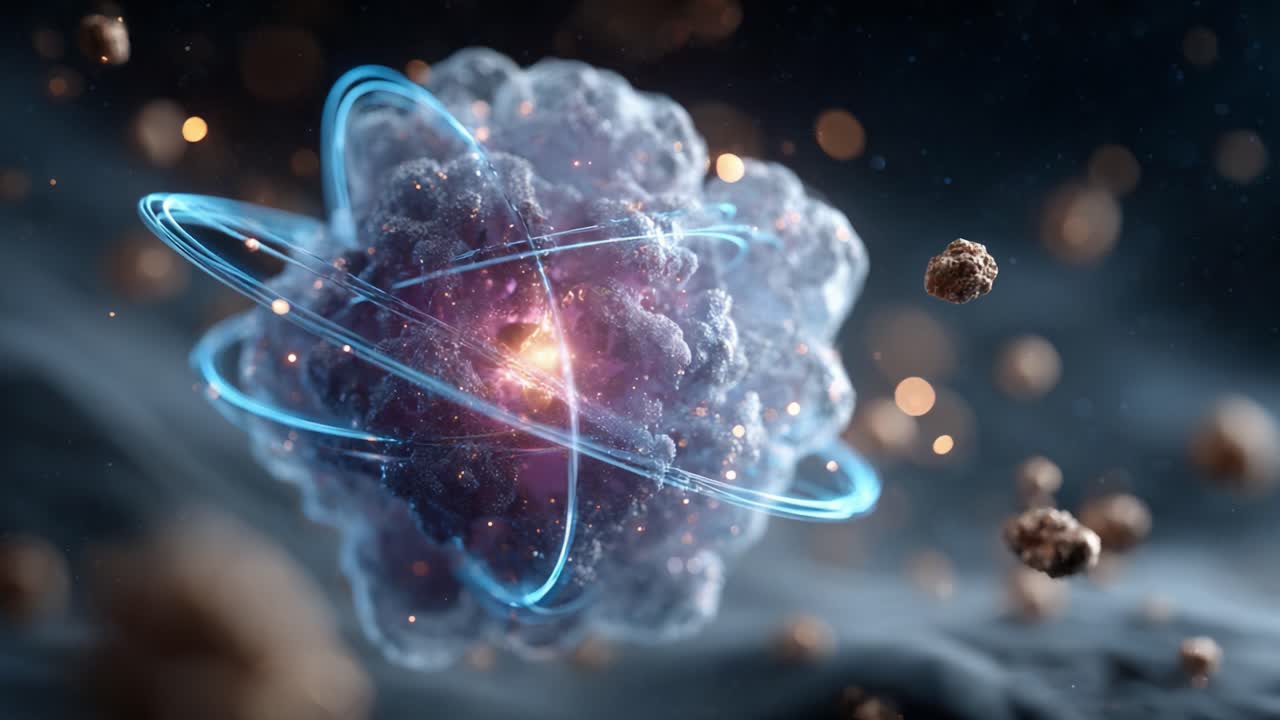 A Stunning Visualization of an Atom with Glowing Electrons, Expressing the Beauty of Atomic Structure and Quantum Mechanics in a Cosmic Environment