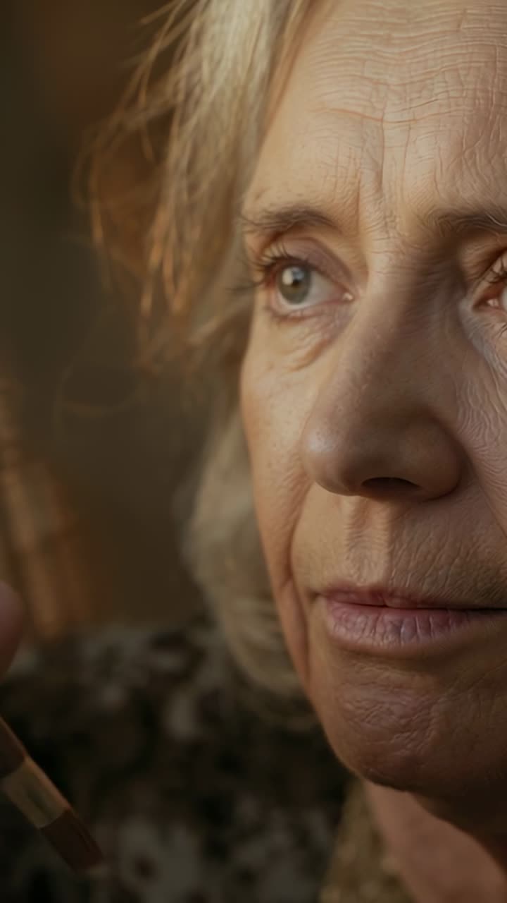 Vertical video: Raising small flat-tipped brush, senior woman testing near left eye at home, shawl