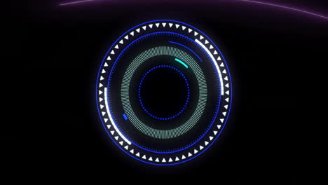 animación de interfaz circular futurista con elementos giratorios y acentos azules brillantes
