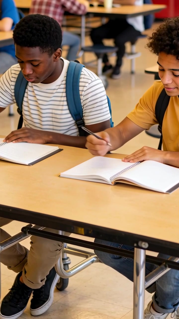 Vertical video: Writing boys in tee at school, left glance causing right boy flipping spiral pad