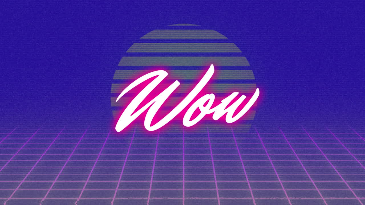 파란색 배경의 태양에 대한 이동 그리드 패턴 위에 분홍색 와우 텍스트의 애니메이션, 복사 공간