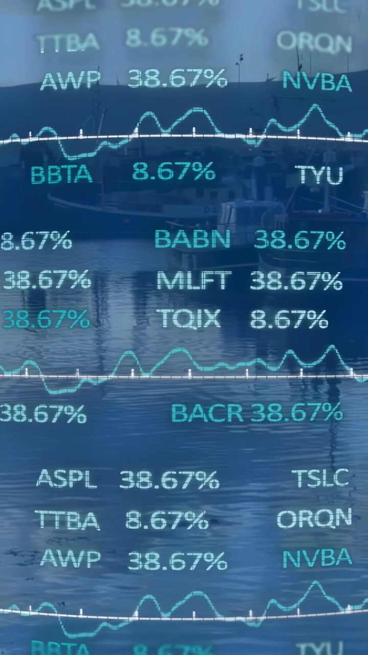 Vertical video: Boats in marina as finance data feed starting overlay scrolling labels then fading