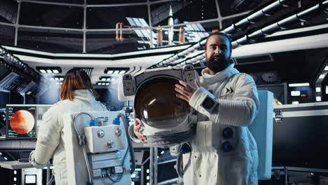 portrait of joyful astronaut holding helmet in starship