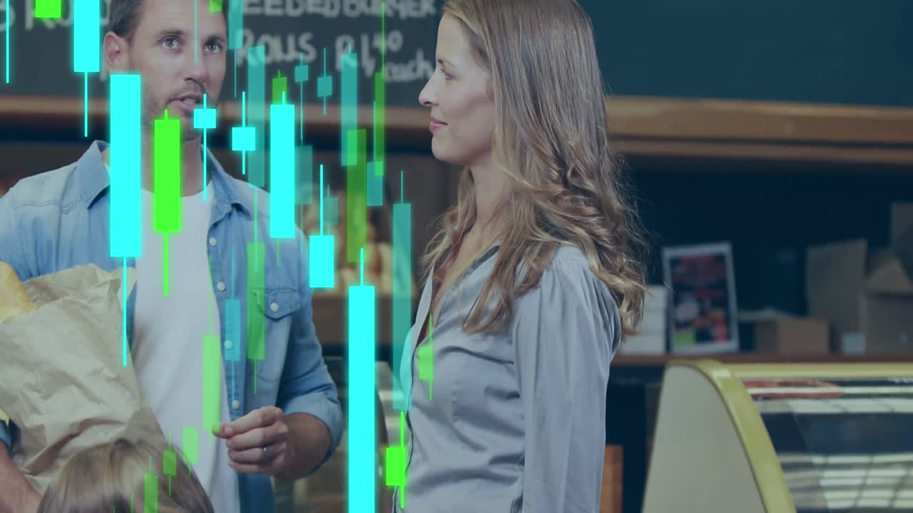 animación de procesamiento de datos sobre familia caucásica en la tienda