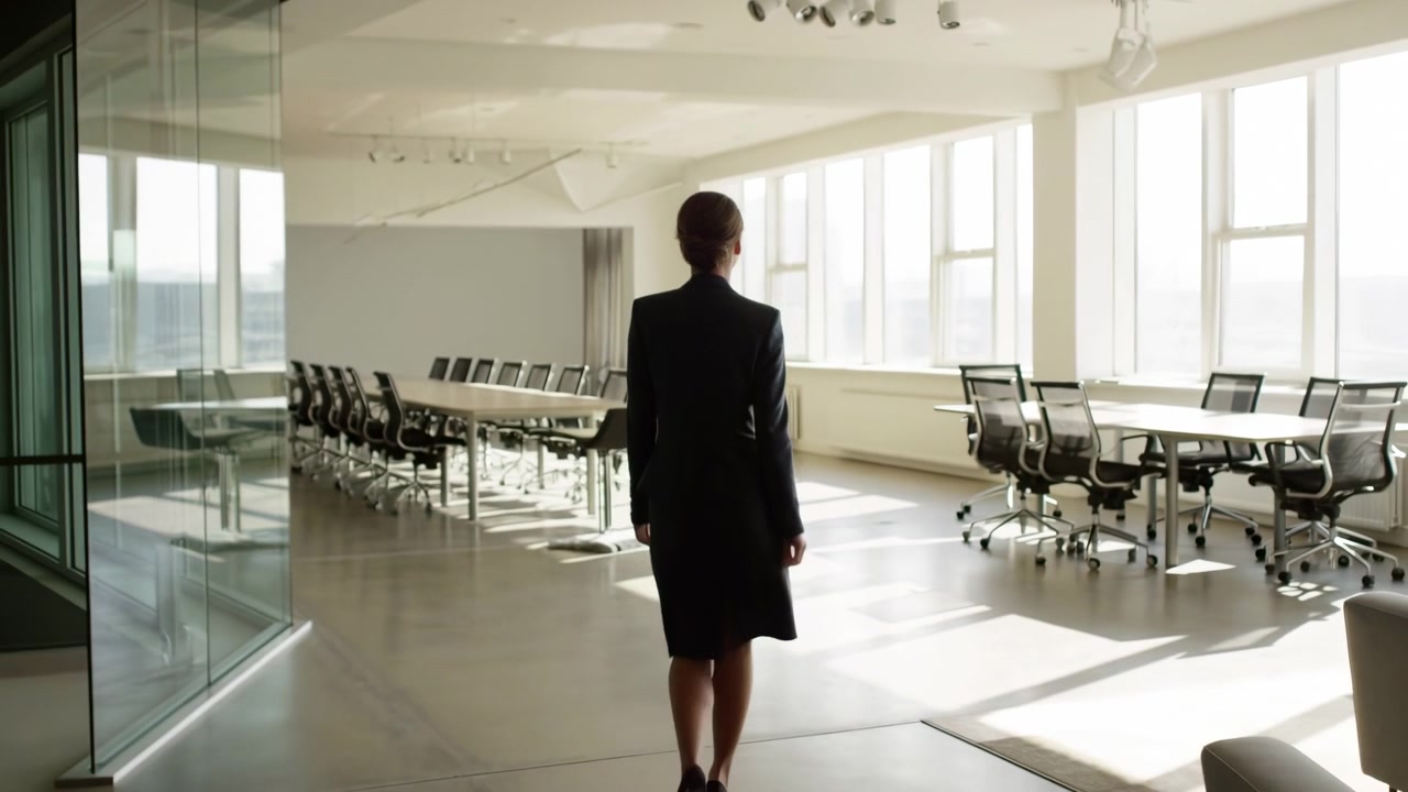 Una vista posteriore segue una donna che cammina con passo fermo verso una spaziosa sala riunioni con pareti di vetro, dove lunghi tavoli, sedie con ruote e la luce del giorno proveniente da ampie finestre definiscono un interno d'ufficio pulito.