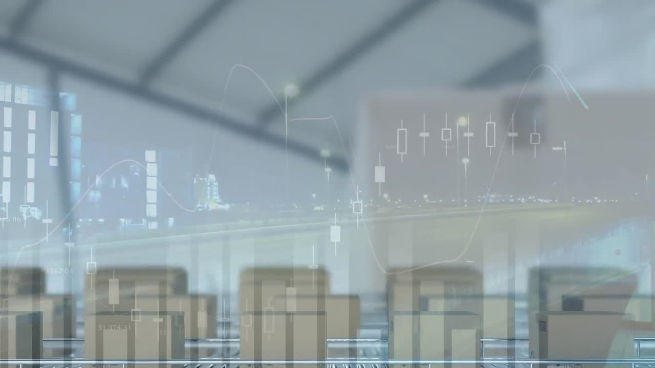 Animazione di elaborazione dati su scatole su nastri trasportatori in magazzino