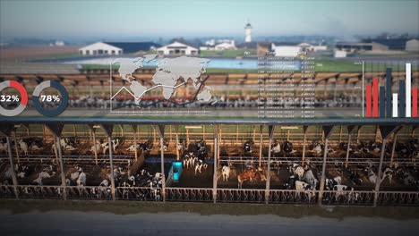 agritech data charts overlay a modern dairy farm, tracking cattle and productivity