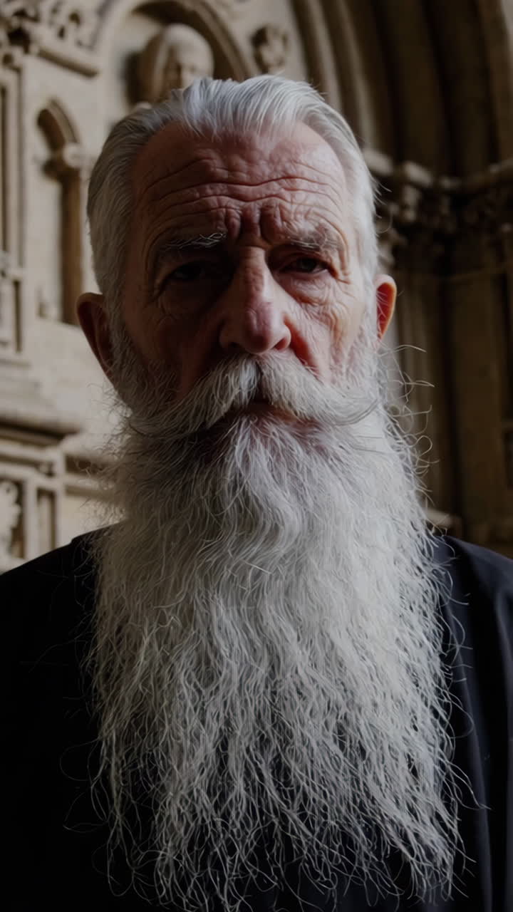 Portrait of a Senior Man with a Long White Beard in a Church