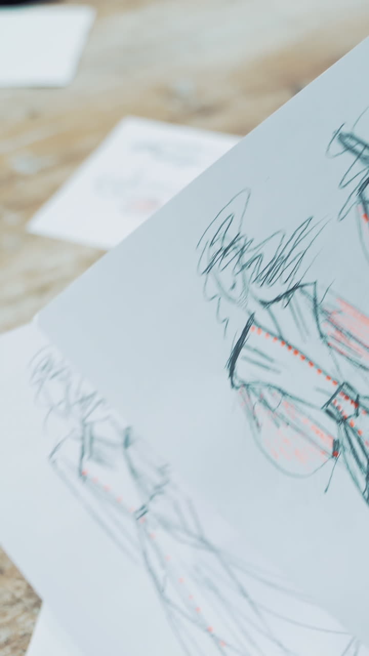 Fashion designer is looking at different sketches and throws away unsuitable one. Workplace of a dressmaker with many drawings of modern dresses written on papers on the table. Vertical video