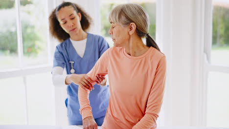 Arm-pain,-massage-or-nurse-with-a-senior-woman