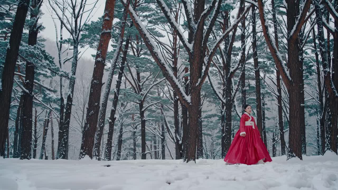 A woman in a red dress stands in a snowy forest, captured from a wide-angle, cinematic style