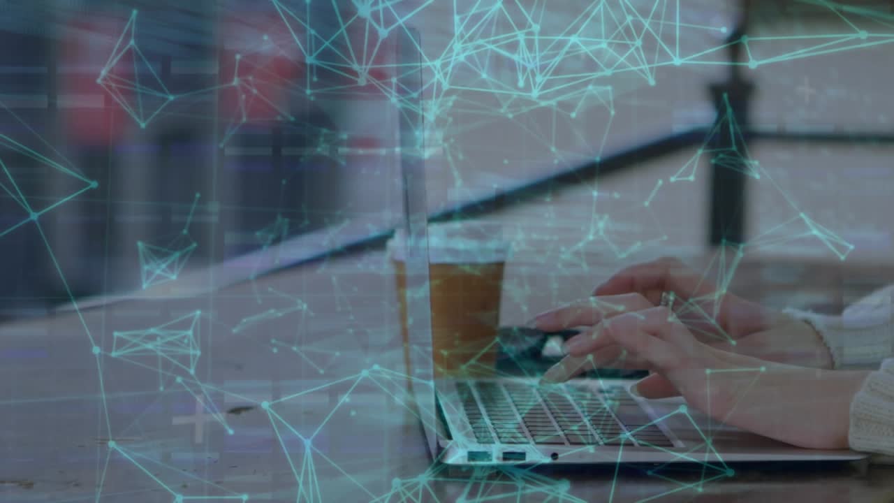 Animation of plexus networks and data processing over mid section of woman using laptop at a cafe