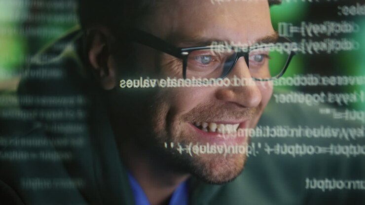 Bljide expert creëert code bij datahologram close-up. Ontwikkelaar programmeert.