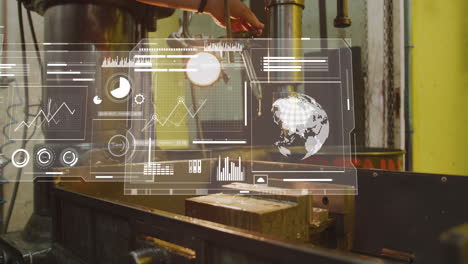 Animation of infographic interfaces over caucasian mechanic turning off water falling from machinery